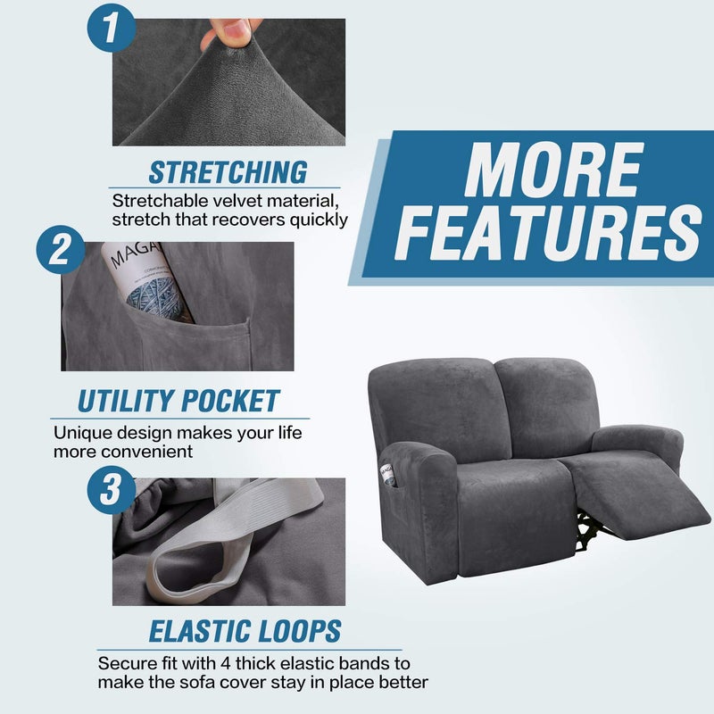 H.VERSAILTEX Velvet Stretch Recliner Couch Covers 6-Pieces Recliner Loveseat Covers for 2 Cushion Couch Recliner Sofa Covers Reclining Slipcovers Form Fitted Thick Soft Washable, Grey - Image 4